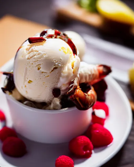 Prompt: dslr food photograph of a cup of ice cream sundae with shrimps on. 8 5 mm f 1. 4