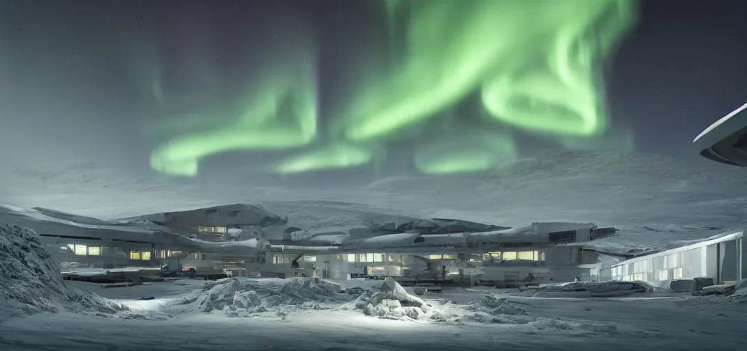 Image similar to modern research facility in the arctic at night, northern lights, aurora borealis, dramatic lighting, cinematic, establishing shot, extremely high detail, photo realistic, cinematic lighting, post processed, concept art, artstation, matte painting, style by eddie mendoza, raphael lacoste, alex ross