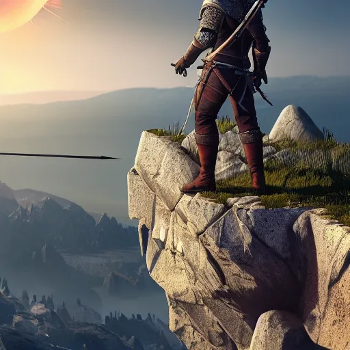 Prompt: the witcher standing at the edge of a cliff with his sword pointing up to the sun, artstation, cgsociety, 3d concept art