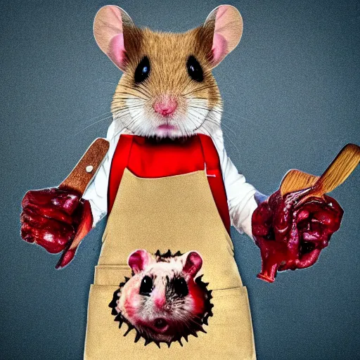 Image similar to an immortal dead hamster in a butcher's suit with an evil face, in an apron covered in blood, holding cleavers in his hands. the hamster has 4 arms. front view.