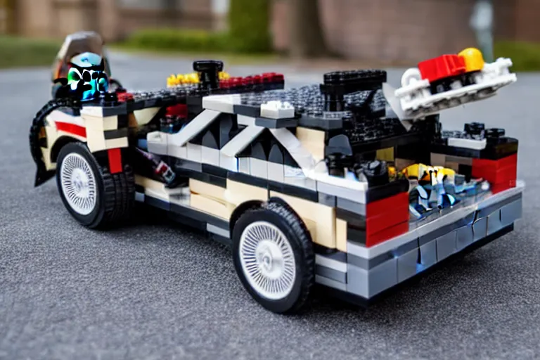 Prompt: lego 2 0 2 2 delorean time machine being dragged by a tow truck