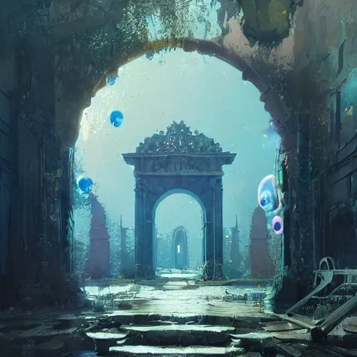 Prompt: an archway through which is a bubble land, Greg Rutkowski, Psychedelic