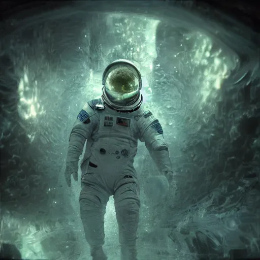 Image similar to concept art by craig mullins astronaut in futuristic dark and empty spaceship underwater. infrared complex and hyperdetailed technical suit. mandelbulb fractal. reflection and dispersion materials. rays and dispersion of light. volumetric light. 5 0 mm, f / 3 2. noise film photo. flash photography. unreal engine 4, octane render. interstellar movie art