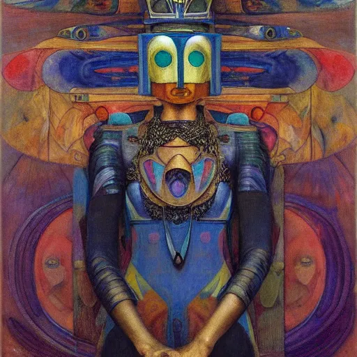 Image similar to the robot queen with her bird mask, by annie swynnerton and diego rivera and elihu vedder, symbolist, dramatic lighting, elaborate geometric ornament, art brut, soft cool colors, smooth, sharp focus, extremely detailed, adolf wolfli and donato giancola