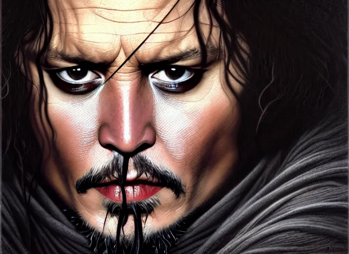 Image similar to wideangle!! portrait shot of johnny depp in the lord of the rings, intricate, elegant, highly detailed, centered, digital painting, artstation, concept art, smooth, sharp focus, illustration, artgerm, tomasz alen kopera, peter mohrbacher, donato giancola, joseph christian leyendecker, wlop, boris vallejo