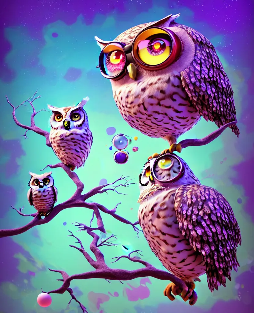 Prompt: a dreamy otherworldly 3 d render of wise owl with one eye, pixiv fanbox, dramatic lighting, maximalist pastel color palette, splatter paint, pixar and disney exploded - view drawing, graphic novel by fiona staples and dustin nguyen, peter elson, alan bean, wangechi mutu, clean cel shaded vector art, trending on artstation