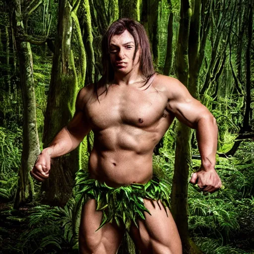 Image similar to extremely muscular man in a forest nymph costume, striking a pose, intricate hairstyle, professional fluorescent body paint, full body portrait, portrait photography photography by Karel Saudek, Portra 400, high definition, large props, eye catching, award winning, 4K UHD