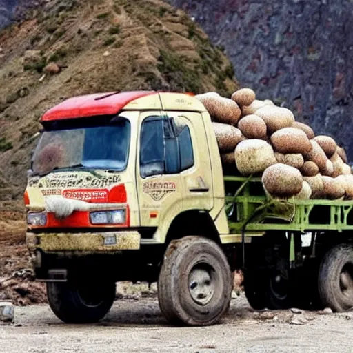 Image similar to dwarf trucker carries mushrooms on a Kamaz truck