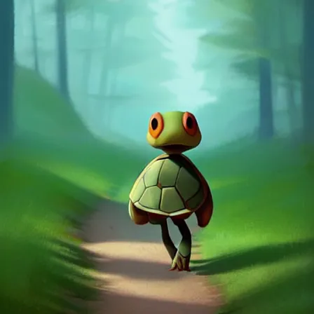 Image similar to Goro Fujita ilustration a cute turtle happily walking through the forest, painting by Goro Fujita, sharp focus, highly detailed, ArtStation