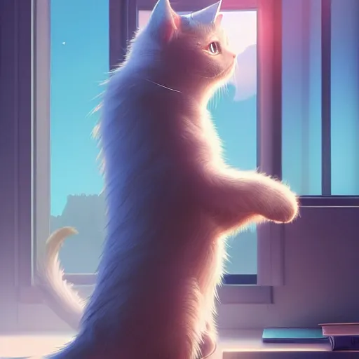 Prompt: a cat standing next to a book. animal. digital art. artstation. realistic. vibrant. illustration. in the style of pixar movie. octane render. art by makoto shinkai, stanley artgerm lau, wlop, rossdraws. volumetric lighting.