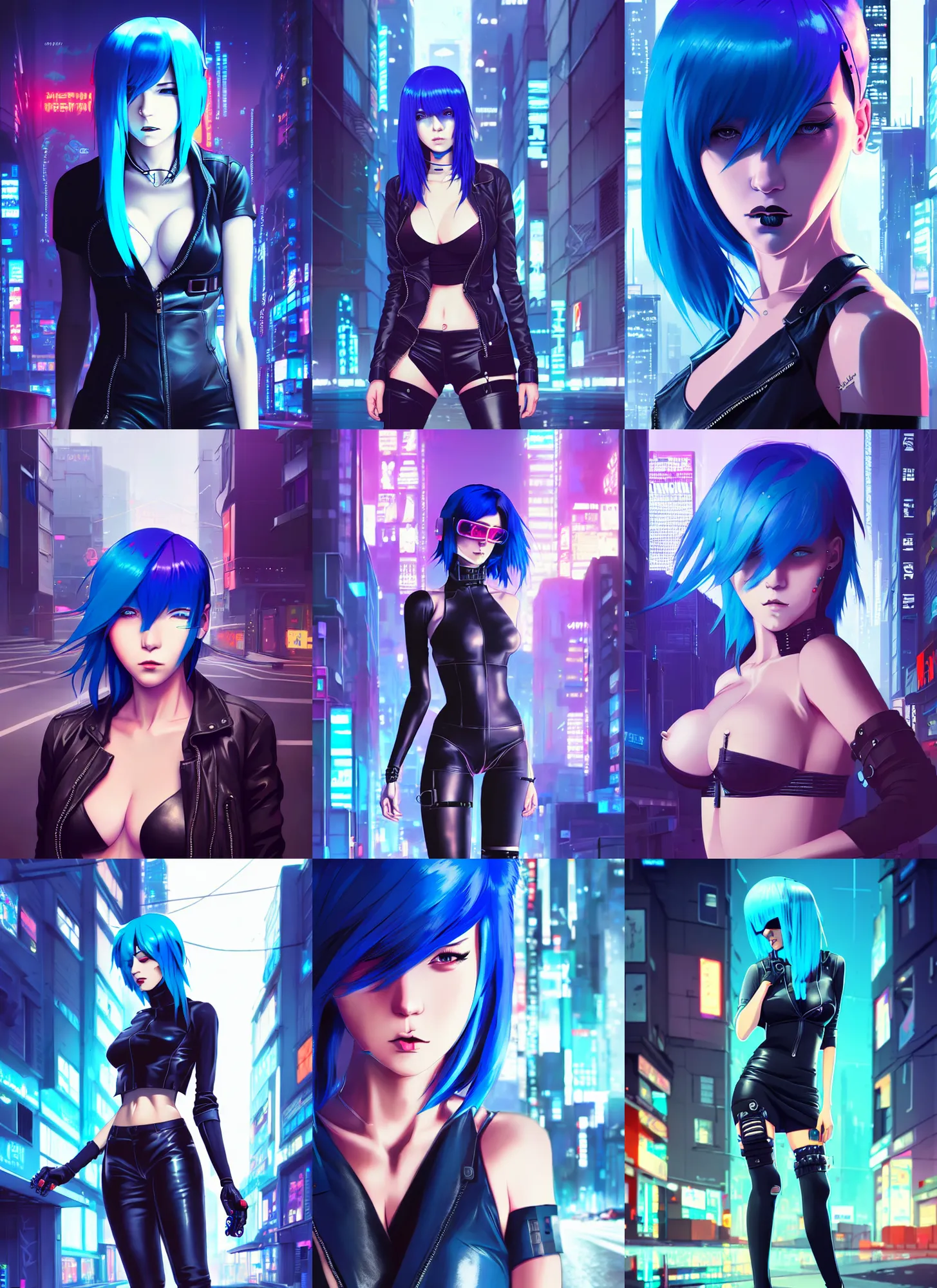 Prompt: hyper realistic photograph portrait of cyberpunk pretty girl with blue hair, wearing a sexy leather outfit, cyber implants, in city street at night, by makoto shinkai, ilya kuvshinov, lois van baarle, rossdraws, basquiat
