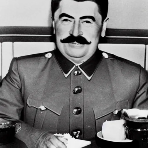 Image similar to joseph stalin enjoying a happy meal at mcdonald's