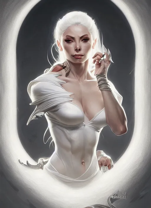 Image similar to portrait of aggressive isabelledeltore, d & d, white, fantasy, intricate, elegant, highly detailed, digital painting, artstation, concept art, smooth, sharp focus, illustration, art by artgerm and greg rutkowski and alphonse mucha