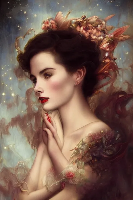 Image similar to a young and extremely beautiful grace kelly infected by night by tom bagshaw in the style of a modern gaston bussiere, art nouveau, art deco, surrealism. extremely lush detail. melancholic scene infected by night. perfect composition and lighting. sharp focus. profoundly surreal. high - contrast lush surrealistic photorealism. sultry, infectious smile.