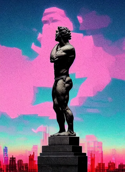 Image similar to statue of hercules, beeple, vaporwave, retrowave, abstract neon shapes, black background, glitch, pixel sorting, strong contrast, pinterest, trending on artstation