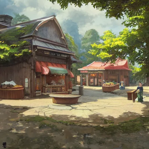 Image similar to concept art painting of a historic bakery with european and japanese architecture, in a woodland village surrounded by trees, realistic, detailed, cel shaded, in the style of makoto shinkai and greg rutkowski and james gurney