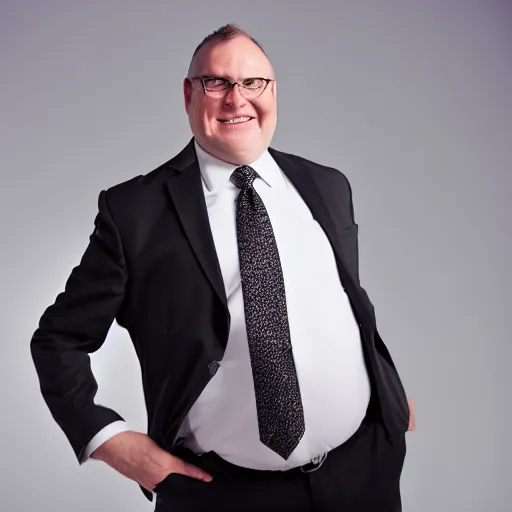 Image similar to clean - shaven portly white man wearing a crisp white dress shirt, necktie, black trousers, and black shoes. he looks very happy. studio background, studio lighting.