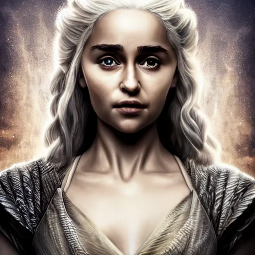 Image similar to khaleesi as a goddess in heaven, piercing eyes, portrait, highly detailed, realistic, realistic face, beautiful eyes, Daenerys Targaryen 8k, hd, cinematic