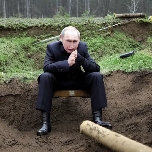 Image similar to Putin is sitting in a trench somewhere in Ukraine.