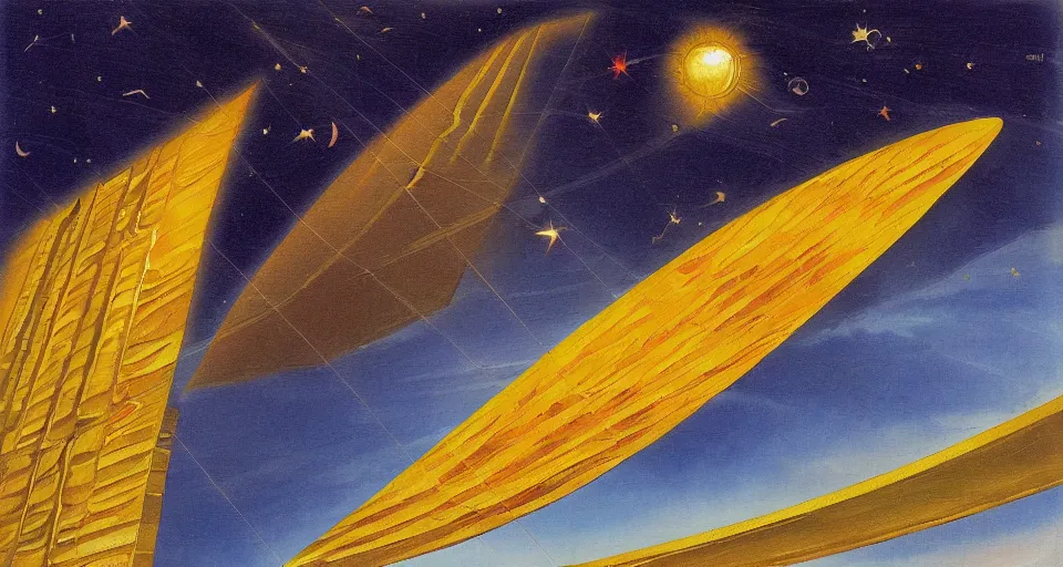 Image similar to giant solar sail, floating in space between the sun and earth, art deco painting