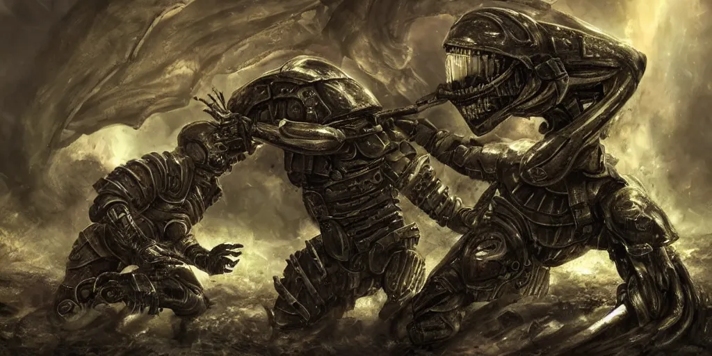 Prompt: a disgusting slimy alien devouring a marine in battle armor, dark, oppressive, digital art, dramatic lighting
