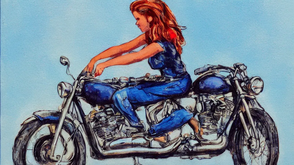 Image similar to girl on a motorcycle in the style of Zoe Mozert