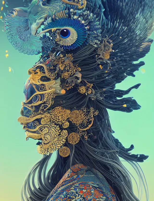 Image similar to 3 d goddess close - up profile solarpunk portrait ram skull. beautiful intricately detailed japanese crow kitsune mask and clasical japanese kimono. betta fish, jellyfish phoenix, bio luminescent, plasma, ice, water, wind, creature, artwork by tooth wu and wlop and beeple and greg rutkowski