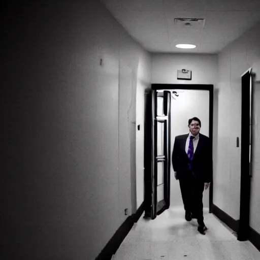 Image similar to Ted Cruz with a wide grin peaking through a door in the distance at the end of a narrow corridor, black and white, creepy lighting, scary, horror, ornate, eerie, fear