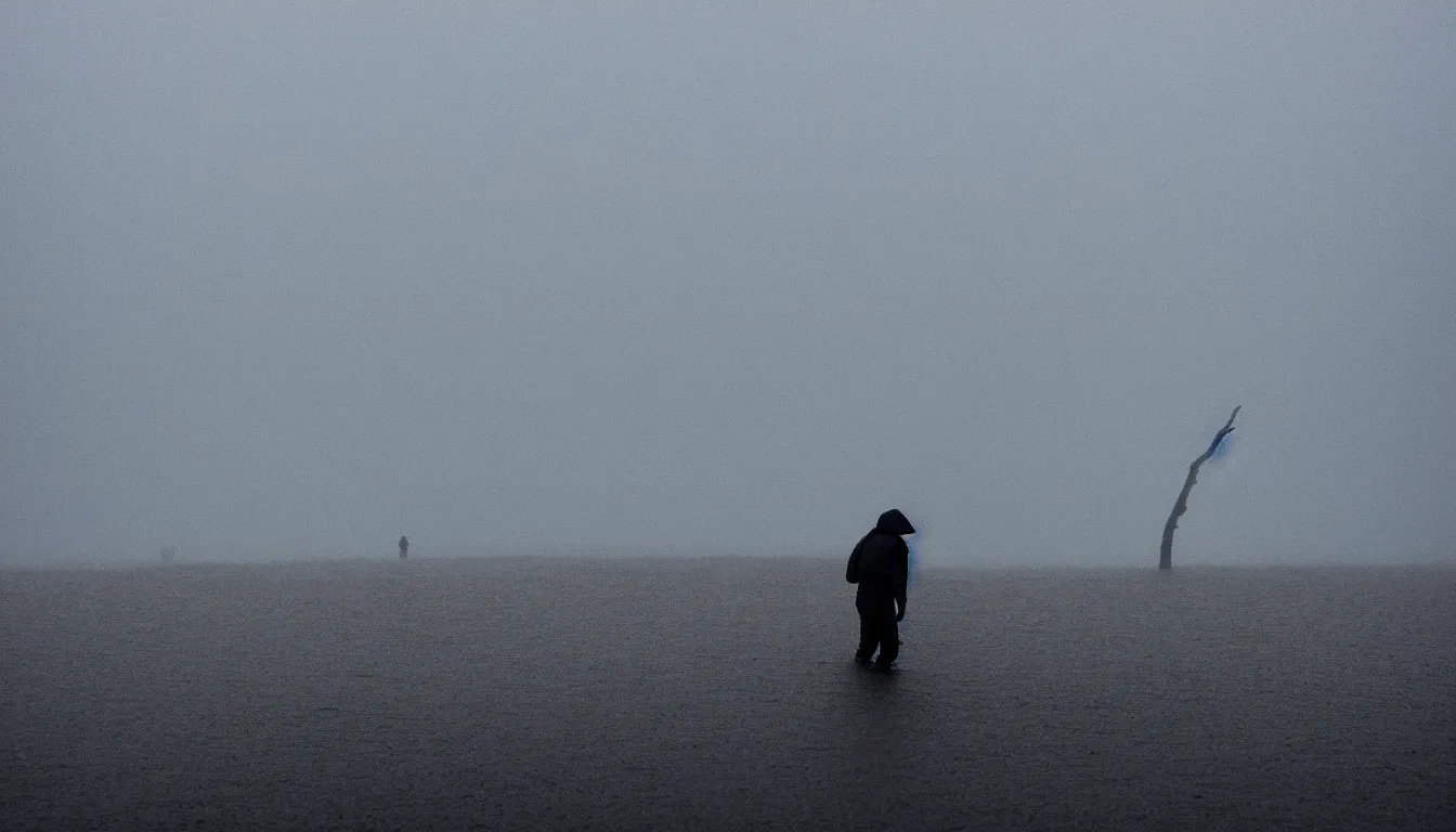 Prompt: silhouette of a person inspecting big wave flood in thin birch wetlands, stormy weather, dark, atmospheric, ambient vibe, very detailed, 8 k