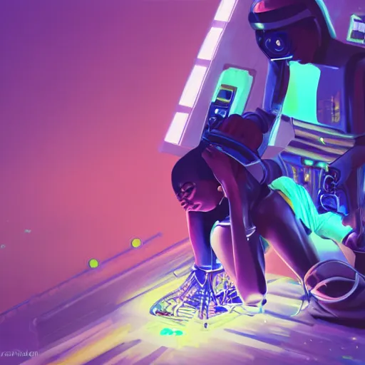 Prompt: a black girl fixing a robot, in the nature, mixing solarpunk, afropunk and cyberpunk technology and aesthetic ( ( ( ( volumetric light ) ) ) ), high angle, part by pearl fryar, part by prince damah, sunny day, trending on artstation, high detailed, cinematic view, illustration, painting.