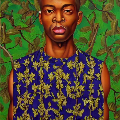 Image similar to A portrait of a skinny stylish and attractive non-binary person, oil painting by Kehinde Wiley, majestic, detailed, high resolution