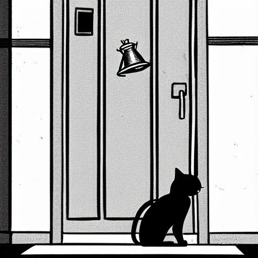 Image similar to a grey british short cat is sitting in front of a closed white door. the cat is holding a megaphone. the cat is meowing through the megaphone. manga art. black and white.