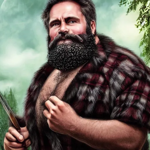 Image similar to fantasy middle - aged burly lumberjack with a beard, dungeons and dragons, realistic, dark hair, wearing a fur coat, high quality matte painting