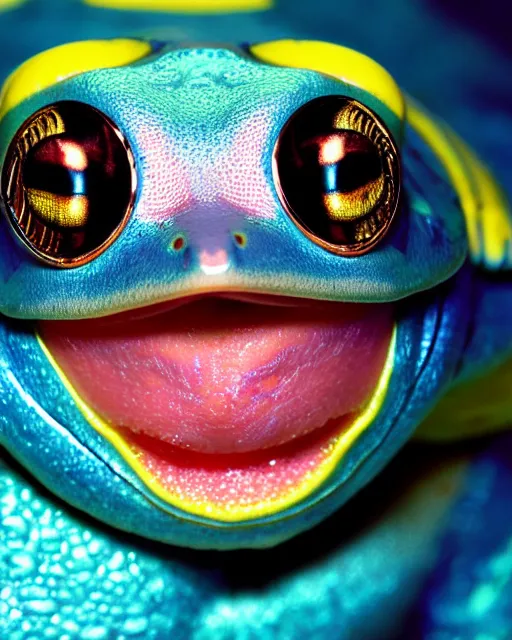 Image similar to natural light, soft focus extreme close up portrait of a cyberpunk anthropomorphic frog with soft synthetic pink skin, blue bioluminescent plastics, smooth shiny metal, elaborate ornate head piece, piercings, skin textures, by annie leibovitz, paul lehr