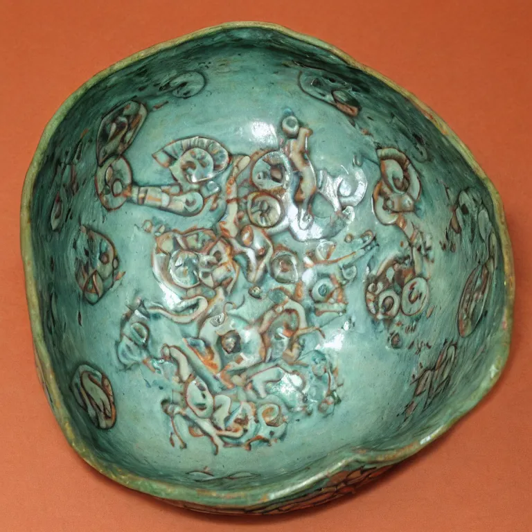 Prompt: Studio Photograph of Beautiful Handmade Stoneware Bowl in the shape of a Compact-2 manifold intricately carved with Animal Eyes and painted with the image of Lizards by Paul Klee, Glossy celadon glaze Bright Intense Colors shocking detail hyperrealistic trending on artstation