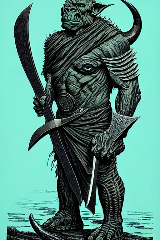 Image similar to cloaked orc holding large axe, high details, intricately detailed, by vincent di fate, inking, 3 color screen print, masterpiece, trending on artstation, sharp, details, hyper - detailed, hd, 4 k, 8 k