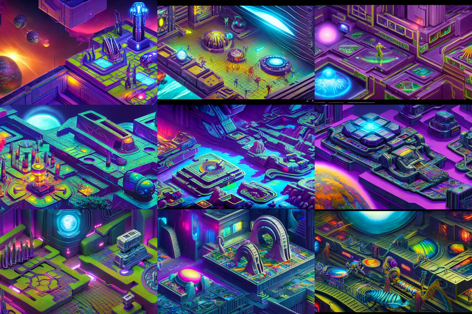 Prompt: a beautiful isometric painting of an elaborate utopian sci - fi scene painted by hr giger and lisa frank, detailed, unreal engine, 4 k octane render, raytracing, volumetric lighting, epic, shadows,