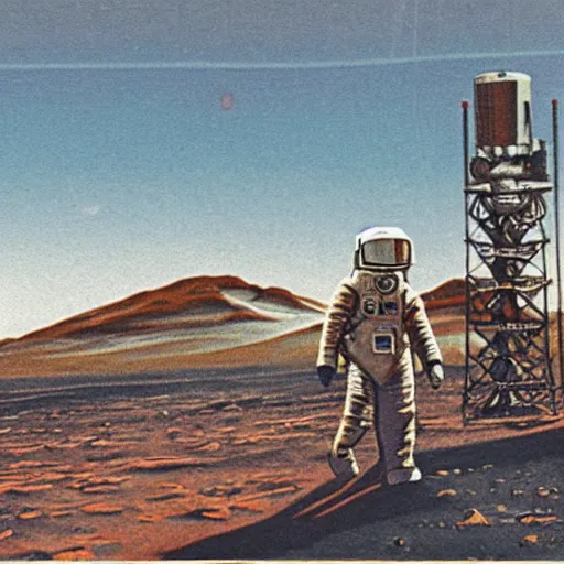 Image similar to astronaut walking on Mars with a rover in the background, Vintage Magazine Illustration