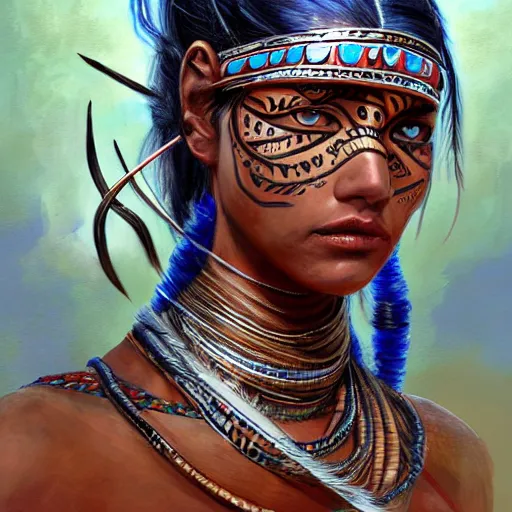 Image similar to highly detailed painting of a tribal warrior goddess woman, maldivian, blue eyes, high fantasy art by jon foster trending on arstation