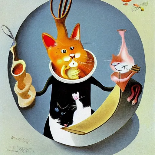 Image similar to anthropomorphic cat chef cooking a delicious colorful soup, by Salvador Dali