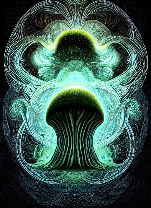 Image similar to enormous mushroom deity of the stars resides inside void manifold, mycelium forms quantum foam, fractal of scary dirac equations, portrait by ross tran, timeline nexus, ascending universes, a dnd illustration of esoteric concept by cgsociety and james gurney, artstation, hdr, rtx, iridescent wise mushroom deity
