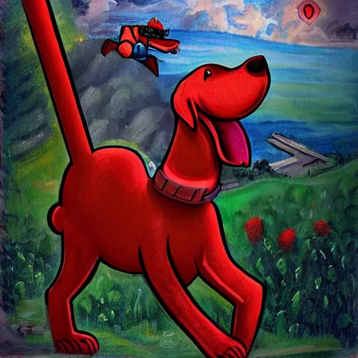 Image similar to thomas the tank engine, melee combat, fighting, clifford the big red dog, in the style of mythical paintings
