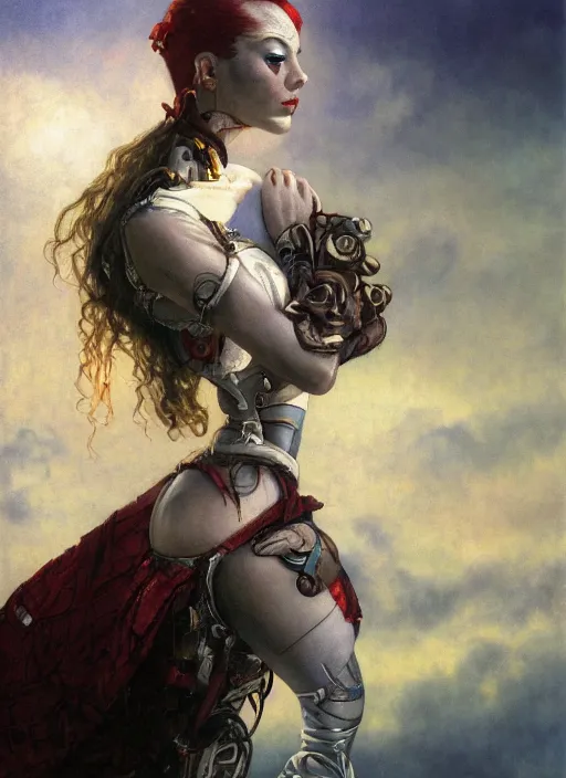 Prompt: symmetry!! closeup! of a pirate girl, cyborg ballerina, in clouds, cinematic light, windy, sunrise, by gerald brom, by mikhail vrubel, by peter elson, muted colors, extreme detail, trending on artstation, 8 k