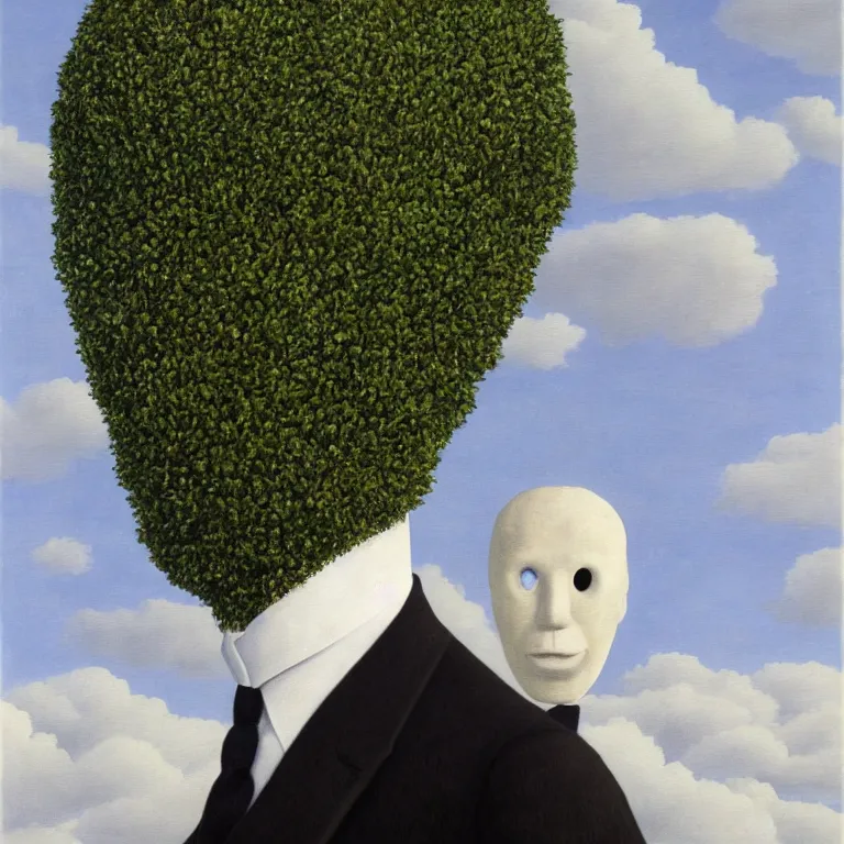 Image similar to portrait of a faceless masked - head man in a suit and black gloves, clouds and nature landscape in the background, by rene magritte, detailed painting, distance, centered, hd, hq, high resolution, high detail, 4 k, 8 k