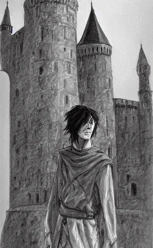 Prompt: young male wizard with black hair in front of a coastal castle tower, art by justin sweet