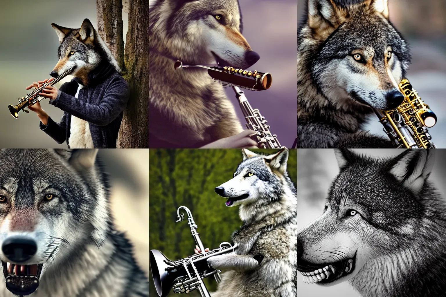 Prompt: a picture of a wolf playing clarinet, ultra realistic, 4k