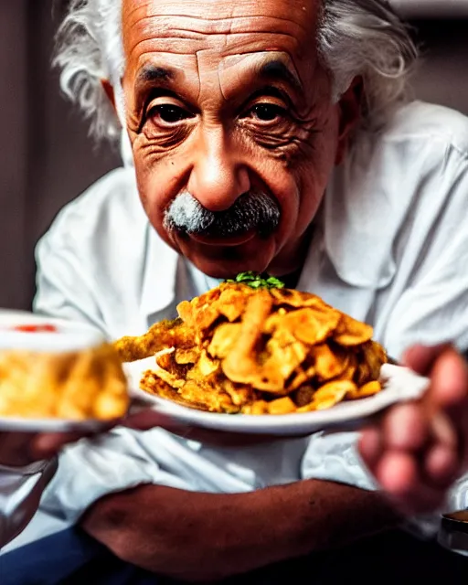 Image similar to A photo of Albert Einstein eating Samosa, highly detailed, trending on artstation, bokeh, 90mm, f/1.4