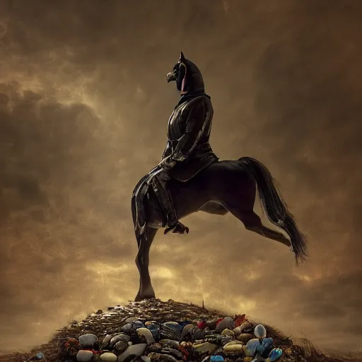 Image similar to the headless horseman finding his head in the lost and found bin, ultra detailed, 4k ultrarealistic