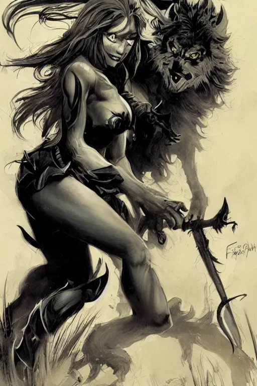 Image similar to a portrait of a werewolf girl transforming fantasy girl by Frank Frazetta and ross tran