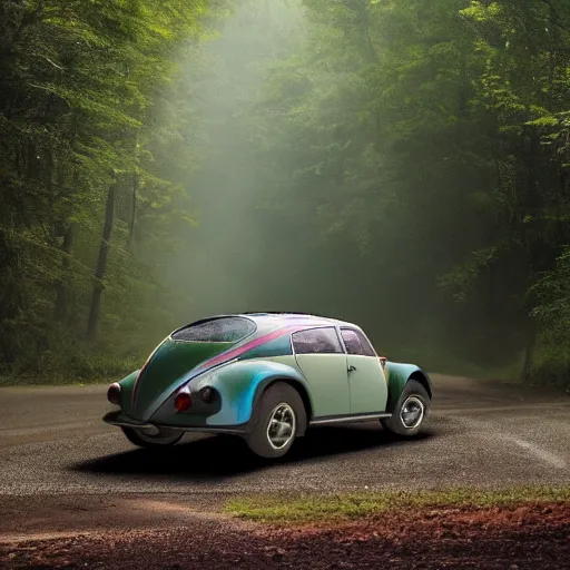 Image similar to promotional scifi - mystery movie scene of a ( volkswagen beatle ) and ladybug hybrid. racing down a dusty back - road in smokey mountains tennessee. cinematic, 4 k, imax, 7 0 mm